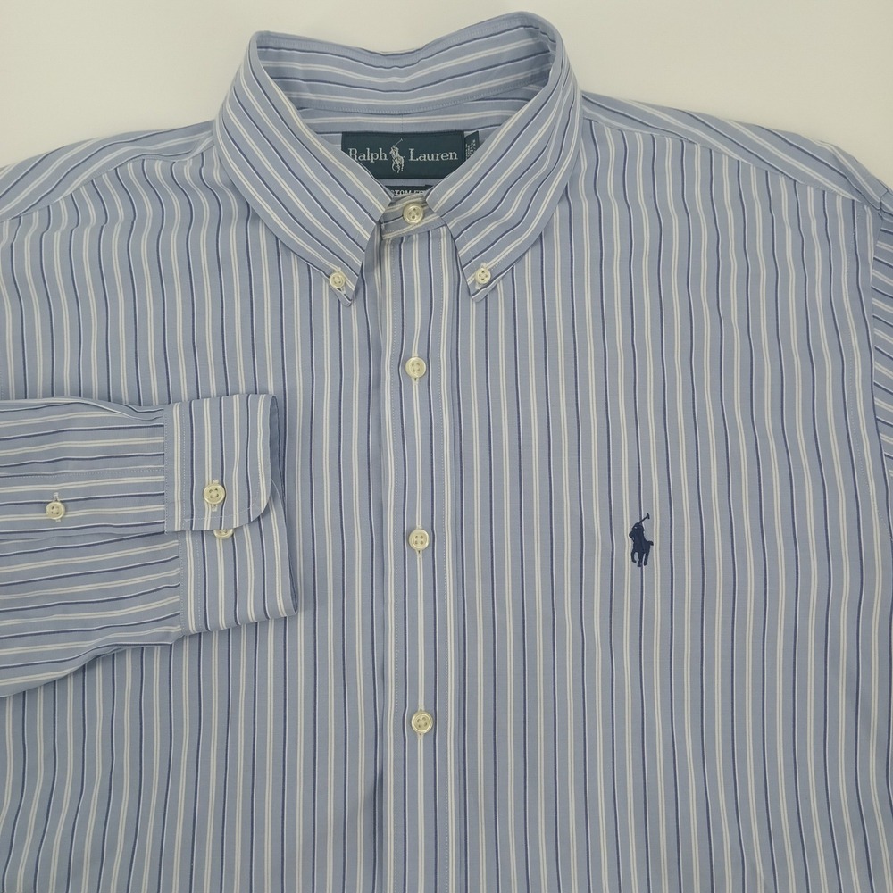 Ralph‎ Lauren Custom Fit Mens 17.5 34/35 Blue White Striped Button Down Shirt